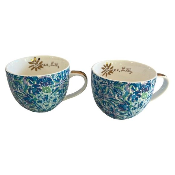 Lilly Pulitzer “Lion Around” Blue Print Mug Gold Handle set Of 2 - Picture 1 of 8